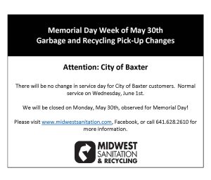City of Baxter Memorial Day Schedule