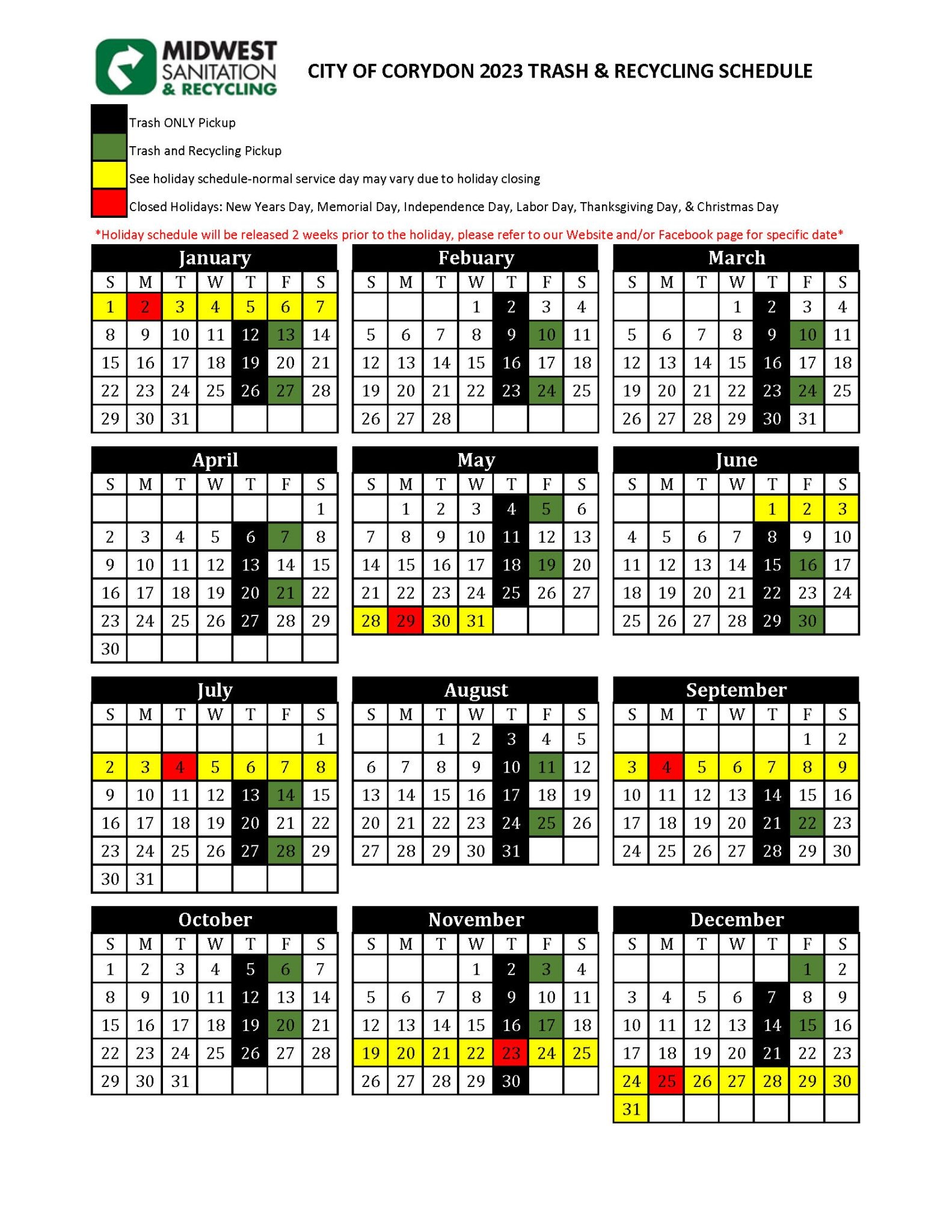 2023 Service Calendars Midwest Sanitation & Recycling