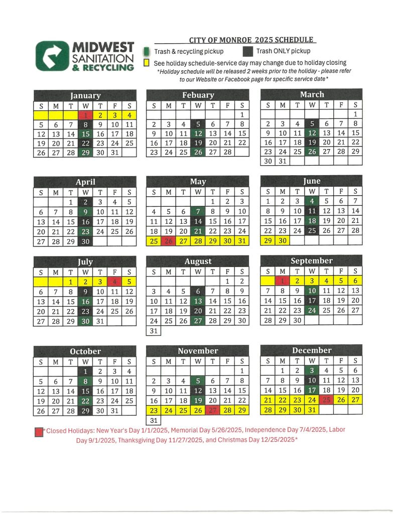 City of Monroe 2025 Midwest Sanitation Schedule