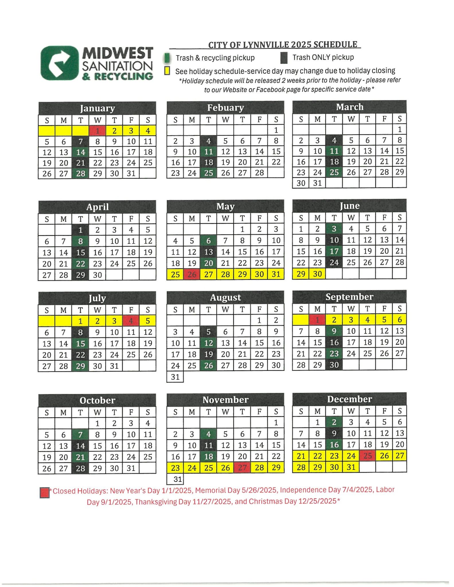 2025 Service Calendars Midwest Sanitation & Recycling