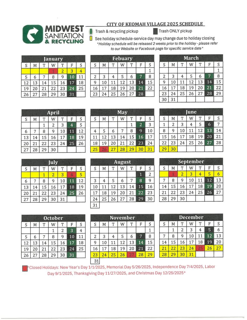 City of Keomah Village 2025 Midwest Sanitation Schedule