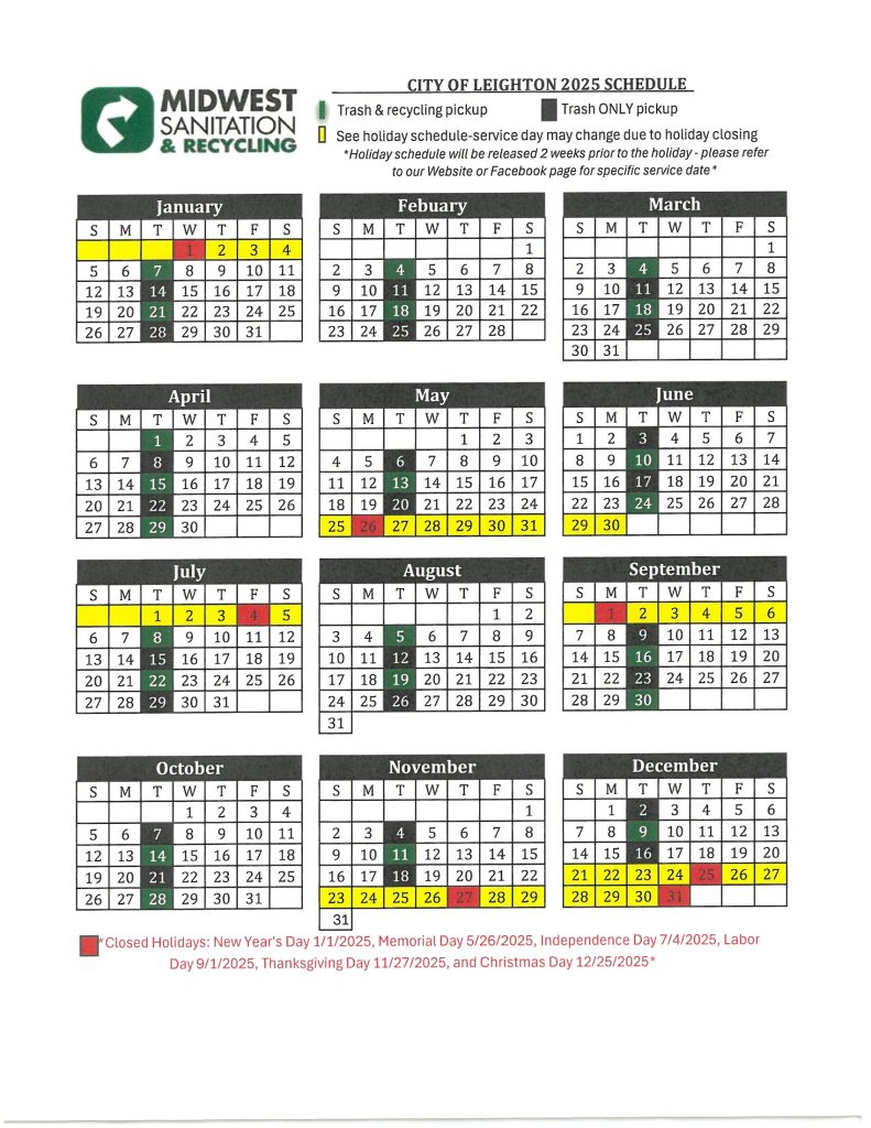 City of Leighton 2025 Midwest Sanitation Schedule