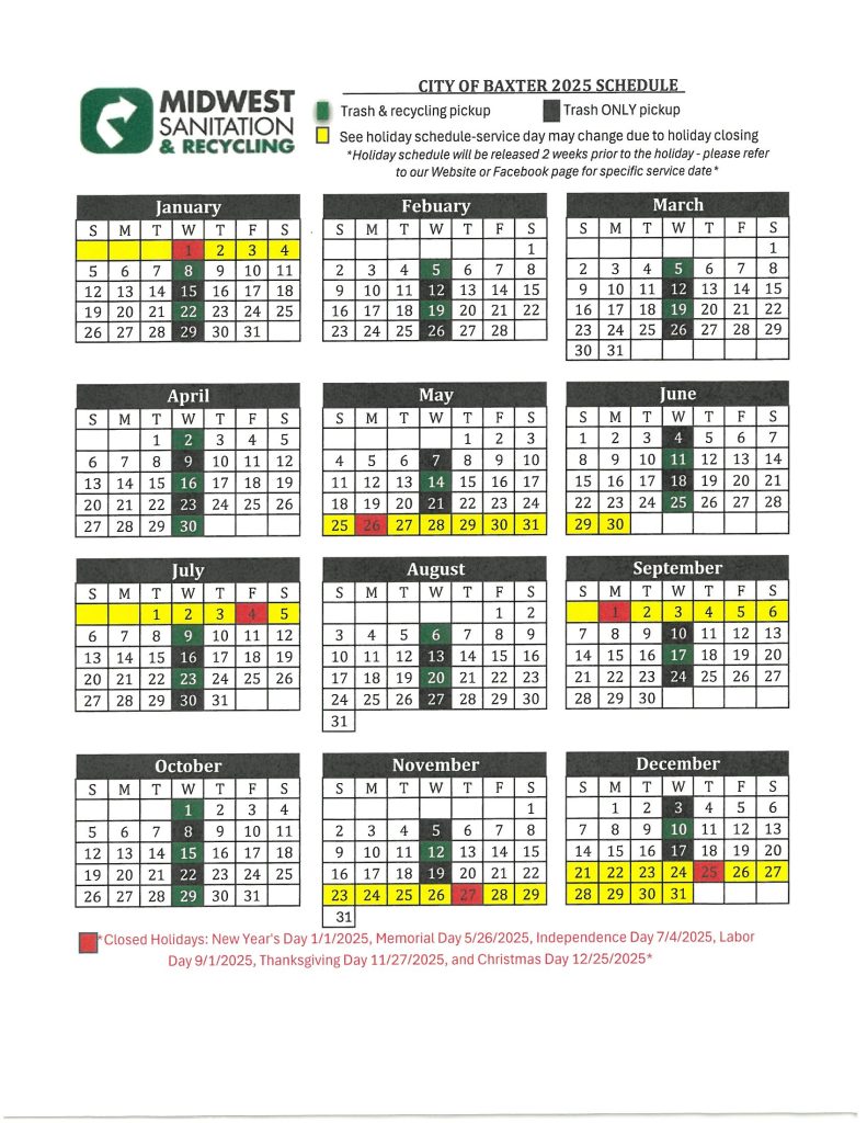 City of Baxter 2025 Midwest Sanitation Schedule