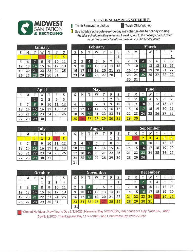 City of Sully 2025 Midwest Sanitation Schedule