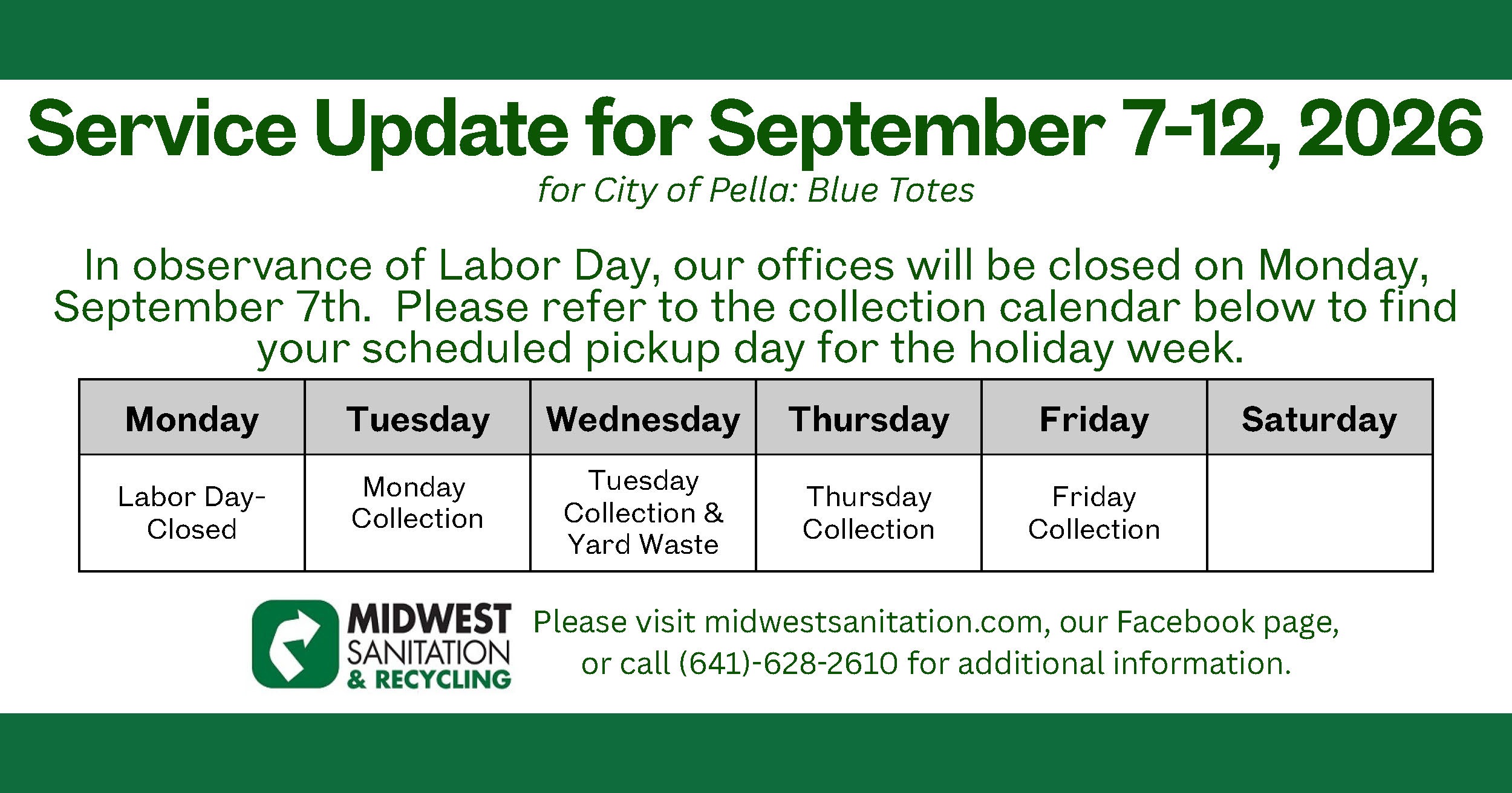 2026 Labor Day Schedule Pella